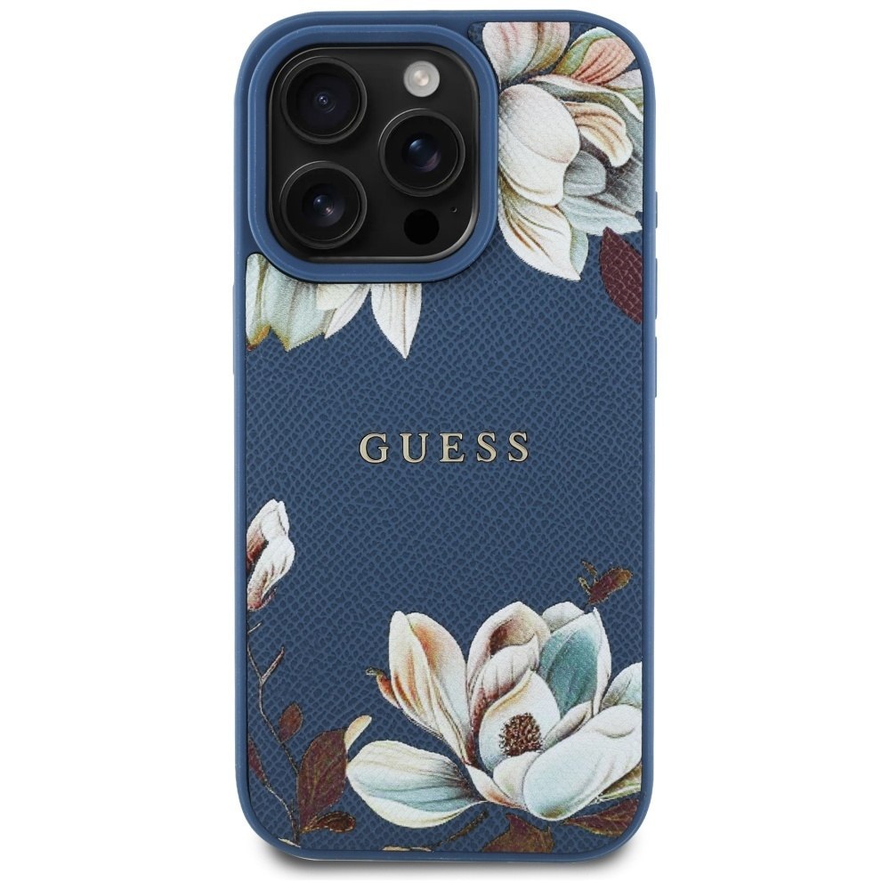 Etui Guess Grained Printed Flower Pattern MagSafe do iPhone 16 Pro niebiesk
